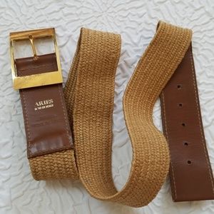 Aries Brown Leather natural woven stretch belt